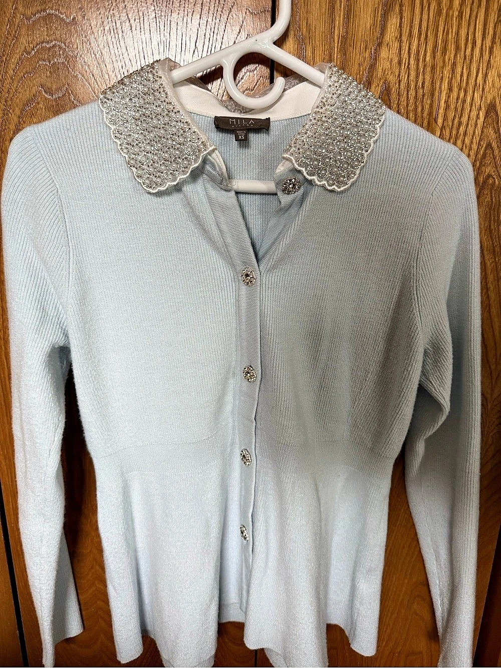 MILA Beaded Collar Cardigan in Blue Like New